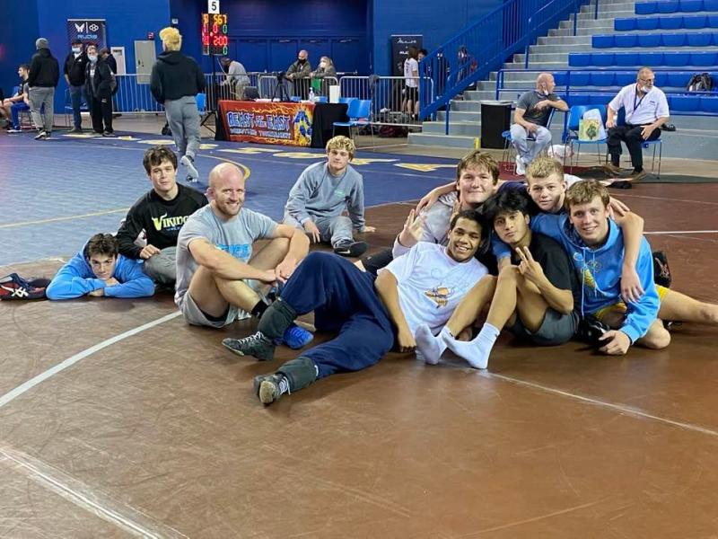 Cape wrestlers enjoy Friday night mat time before a weekend of mayhem at the Beast of the East tournament. Shown in back are (l-r) Luke Bender, Mikey Frederick and C.J. Fritchman. In front are coach Shane Jensen, Lucas Ruppert, Andrew Schaen, Alex Taylor, Josh Alvares and Carson Kammerer. SUBMITTED PHOTOS